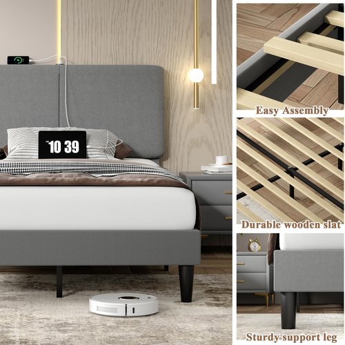 VECELO Twin Bed Frame with Type-C & USB Ports, Upholstered Platform Height-Adjustable Cotton and Linen Headboard,No Box Spring Needed, Noise-Free, Easy Assembly, Dark Grey