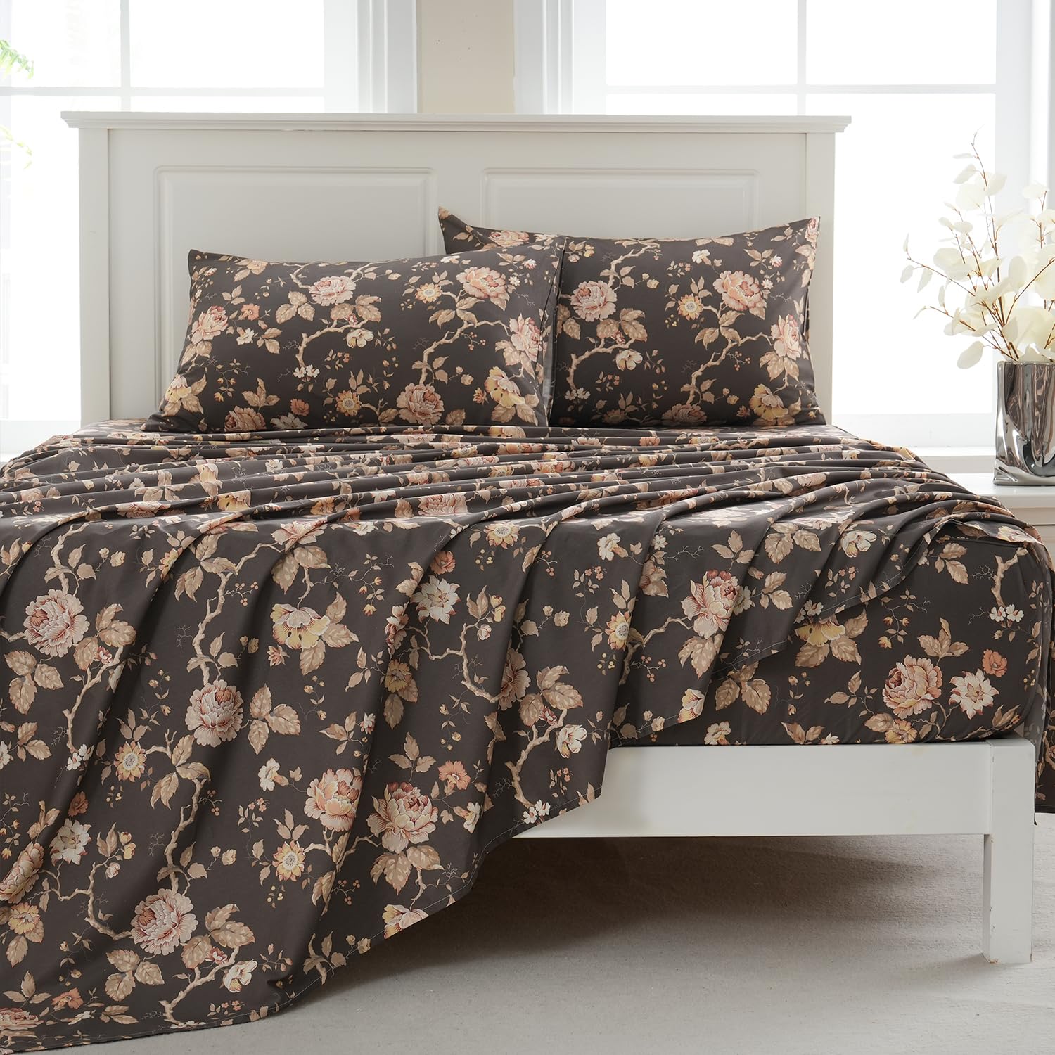 Zusbest Ash Brown Floral Bed Sheets Set - Queen Size Percale Cotton Shabby Rustic Peony Flower Print Bed Sheets - Soft Breathable Mocha Classic Vintage Bedding 4 Pcs Deep Pocket Flower Bed Sheets