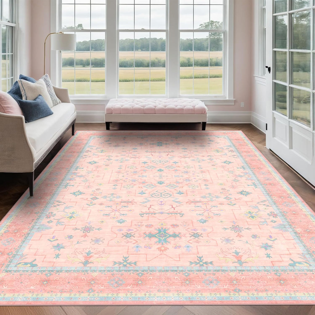 Oushak Rugs | Washable Pink & Blue 8x10 Area Rug - Soft Faux Wool, Modern Floral Design, Non-Slip