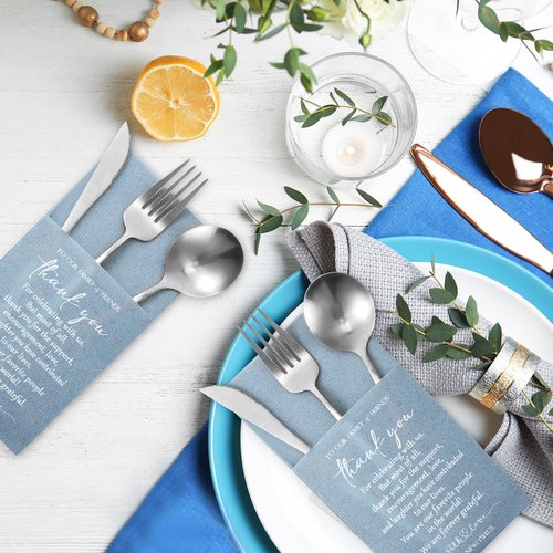 Qilery 100 Plain Thank You Wedding Napkins Cocktail Napkins Newlyweds to Family Friends Guests with Built in Flatware Pocket Tissues Bridal Shower Rehearsal Dinner Party Supply(Haze Blue)