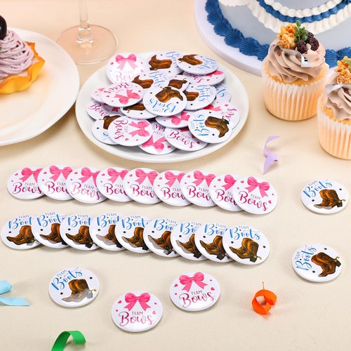 Landical 60 Pcs Boots or Bows Gender Reveal Pins, Funny Baby Shower Team Boots or Bows Gender Reveal Decorations for Party Supplies Blue and Pink Team Button Pins Games Decorations