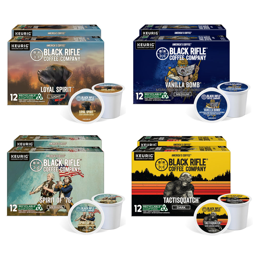 Black Rifle Coffee Flavored Variety 96 Pods - Loyal Spirit (Light Roast), Vanilla Bomb & Spirit of 76' (Medium Roast), and Tactisquatch (Dark Roast) - K Cups Coffee Variety Pack