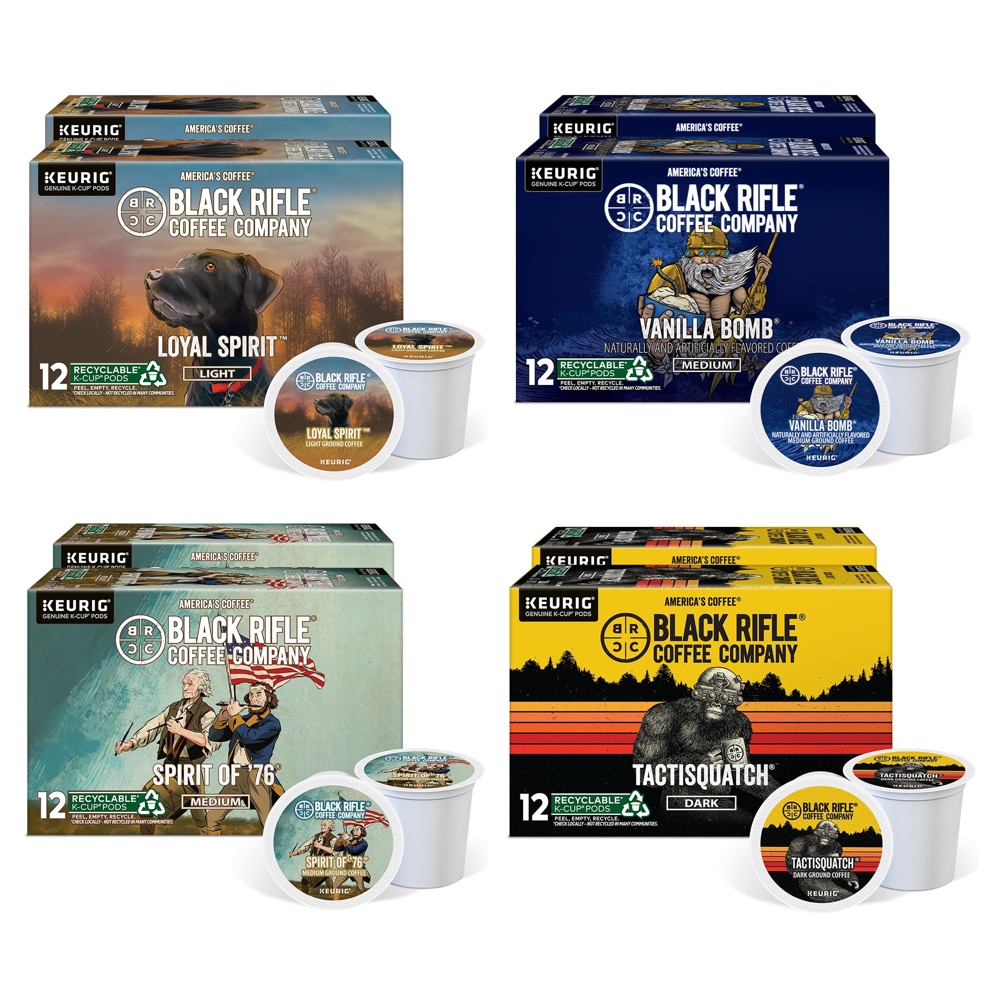 Black Rifle Coffee Flavored Variety 96 Pods - Loyal Spirit (Light Roast), Vanilla Bomb & Spirit of 76' (Medium Roast), and Tactisquatch (Dark Roast) - K Cups Coffee Variety Pack