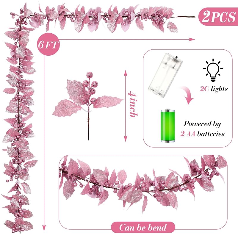 6ft Christmas Glitter Berry Garland with Lights - Pink Holly Leaves Decor