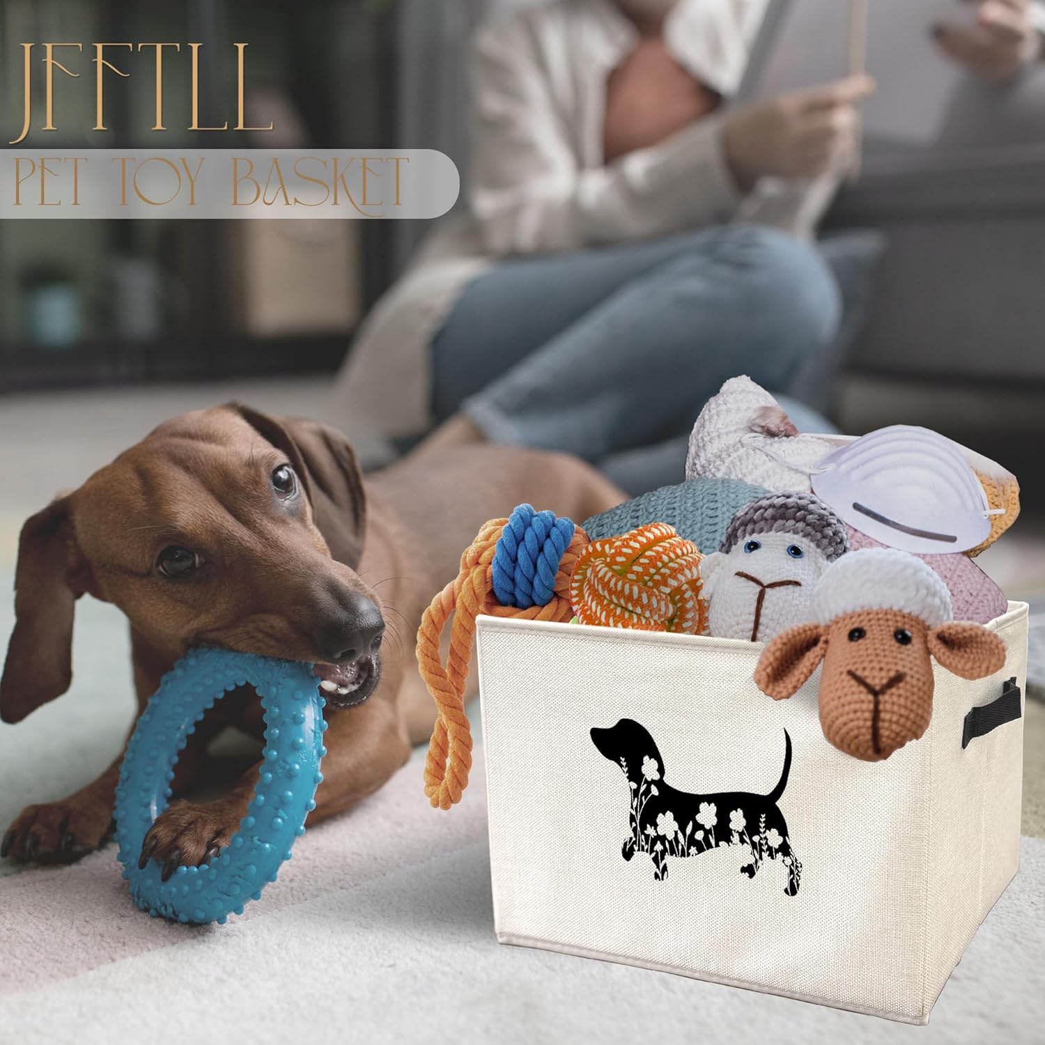 Skiennix Dachshund Dog Toy Basket - Black Floral Collapsible Storage Organizer for Pet Supplies
