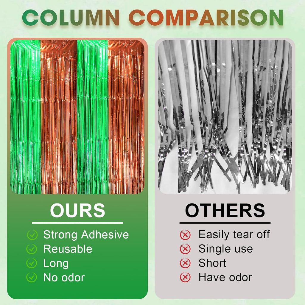 Voircoloria Foil Fringe Backdrop Curtains - 3 Pack Green & Brown Tinsel Streamers for Parties | 3.3 x 8.2 ft