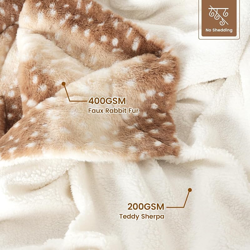 Cozy Bliss Deer Print Faux Fur Throw Blanket 50" x 60" – Brown Deer, 400GSM + 200GSM Sherpa