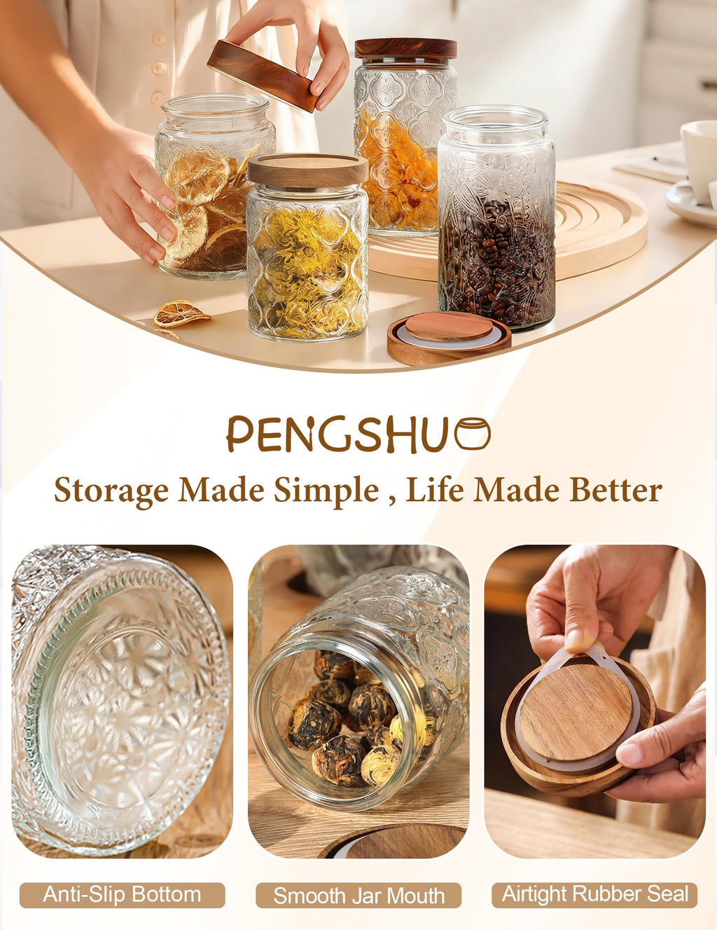 PENGSHU Vintage Glass Jar with Wood Lid - Christmas Airtight Canisters for Kitchen Countertop Bathroom, Storage Candy, Cookie, Coffee, Apothecary, Sugar, Flour,Pet Treat (Begonia, 24oz/700ml)