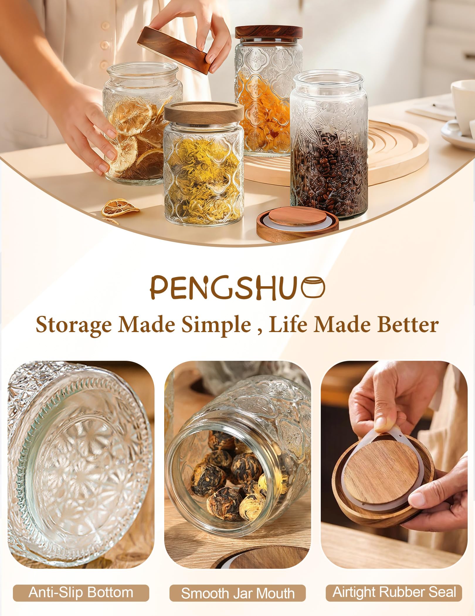 PENGSHU Vintage Glass Jar with Wood Lid - Christmas Airtight Canisters for Kitchen Countertop Bathroom, Storage Candy, Cookie, Coffee, Apothecary, Sugar, Flour,Pet Treat (Begonia, 24oz/700ml)