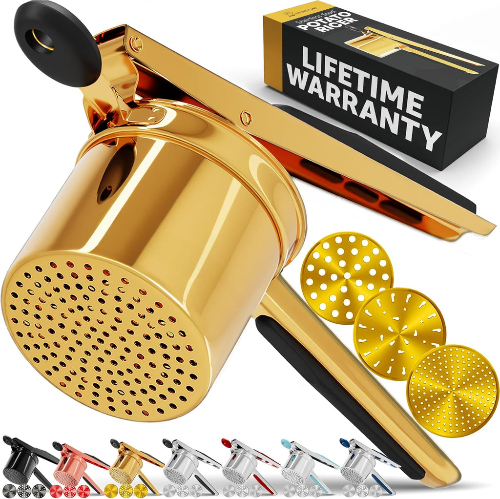 PriorityChef 15oz Potato Ricer - Heavy Duty Stainless Steel Masher With 3 Discs | Gold & Black Silicone