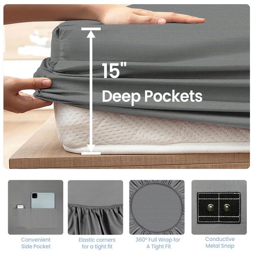 Grounding Sheets Gray Queen Size - 90% Organic Cotton + 10% Pure Silver Fitted Bed Sheet for Earthing - 400 Thread Count Deep Pocket Grounded Bedsheets - Improved Sleep Down to Earth Ground Bedding