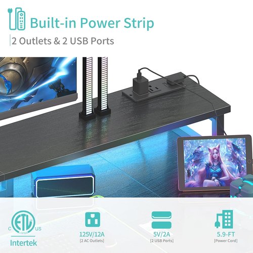 Lufeiya Gaming Desk with LED Lights and Storage Shelves, 47 inch Computer Desk with Power Outlets, Home Office Desk with Monitor Stand, Writing Table PC Desks, Black