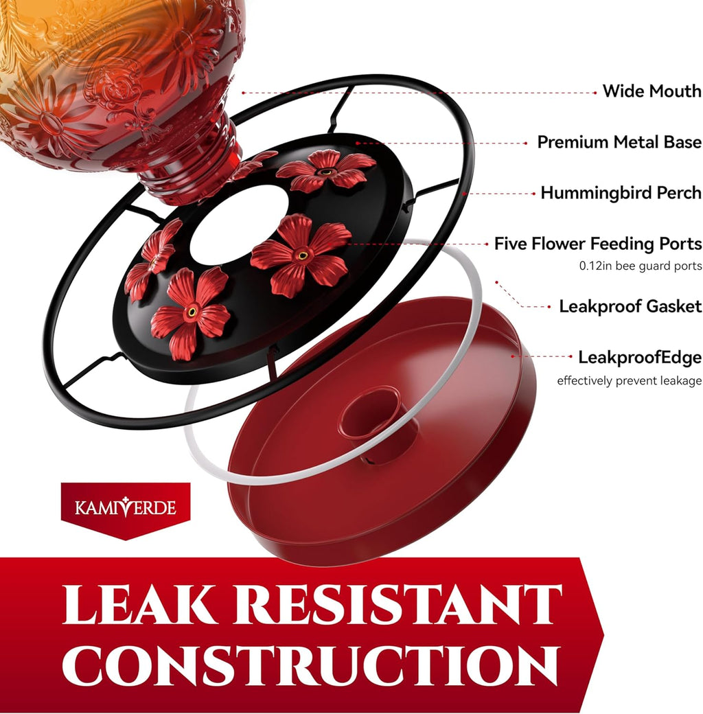 Skiennix Glass Hummingbird Feeder - 24Oz Leak-Proof Outdoor Nectar Feeder | Decorative Orange Garden Decor