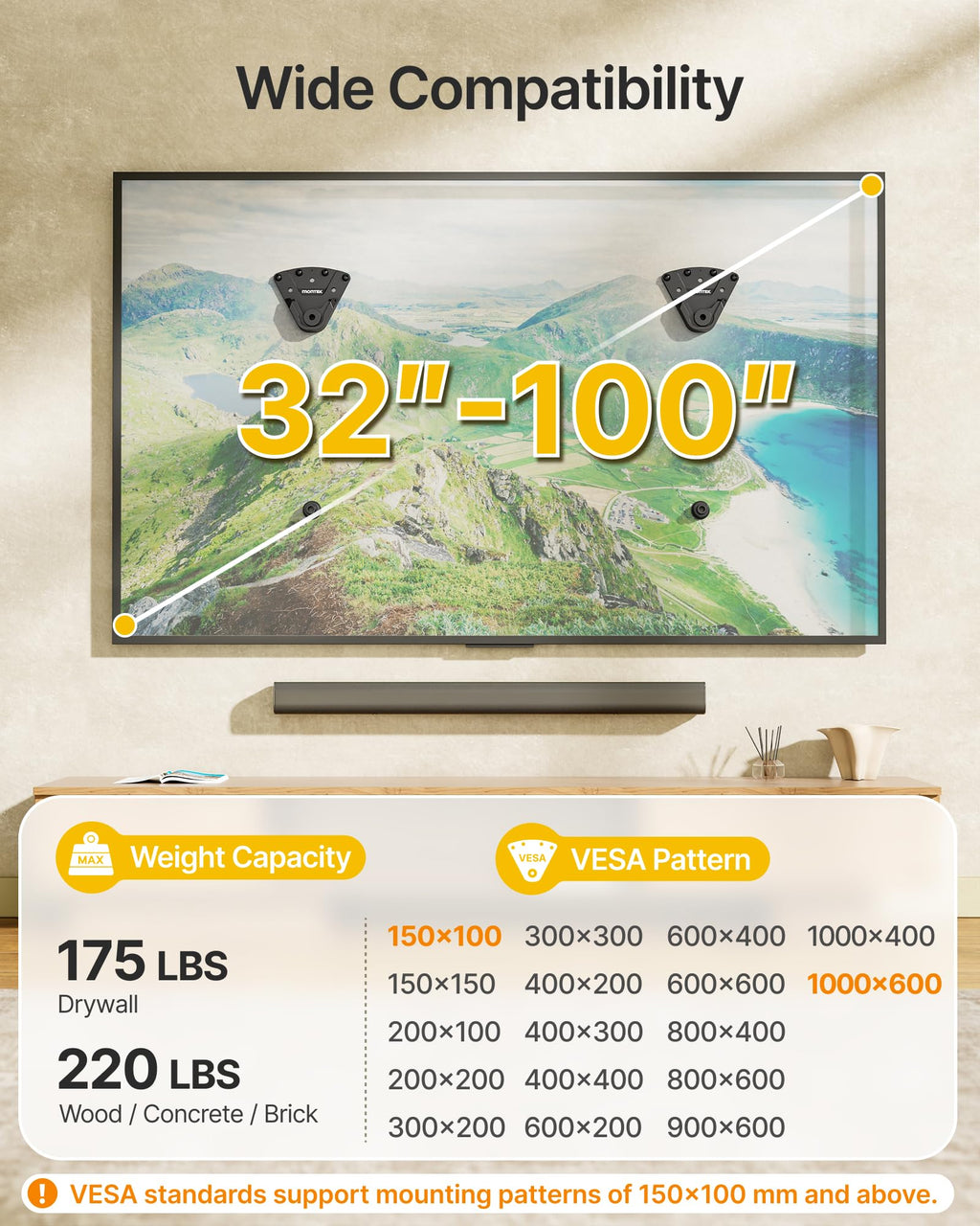monTEK No Stud TV Wall Mount for 32-100 Inch TVs, Holds up to 220 lbs, Heavy Duty Studless No Drill TV Mount for Drywall & Concrete, Ultra Slim 0.9" Low Profile, Max VESA 1000x600mm, Renter-Friendly