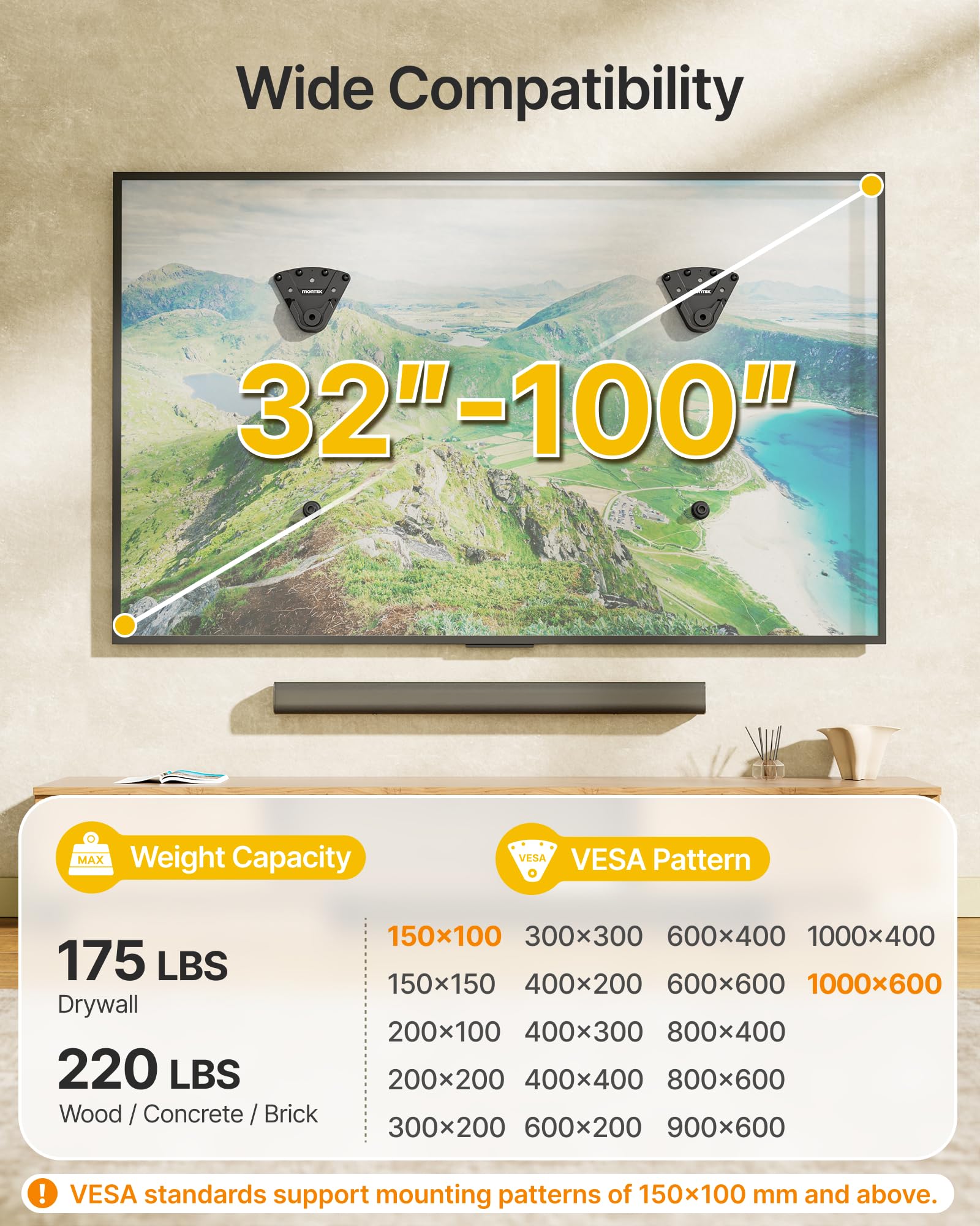 monTEK No Stud TV Wall Mount for 32-100 Inch TVs, Holds up to 220 lbs, Heavy Duty Studless No Drill TV Mount for Drywall & Concrete, Ultra Slim 0.9" Low Profile, Max VESA 1000x600mm, Renter-Friendly