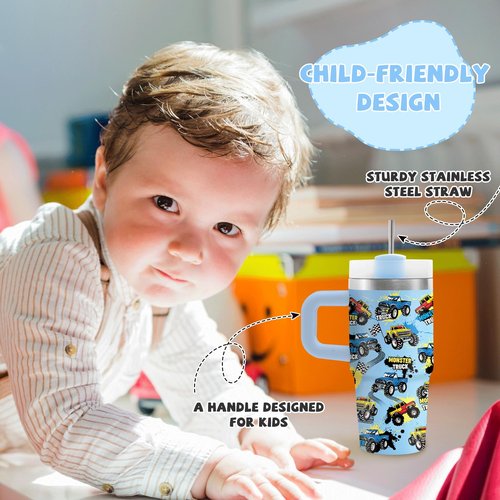 14 oz Monster Truck Tumbler with Handle and Straw for Kids, Insulated Stainless Steel Travel Mug for Boys, Double Wall Vacuum Reusable Cup, Birthday Gifts for Boys