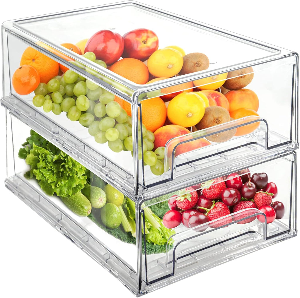 Mano Clear Refrigerator Drawer Organizers - Stackable Plastic Storage Bins for Kitchen & Pantry (2-Pack, Large)
