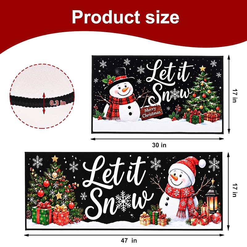 Let It Snow Christmas Kitchen Rugs Set of 2 – 17x30 & 17x47 Runner with Non Slip Backing, Snowman Crystal Velvet