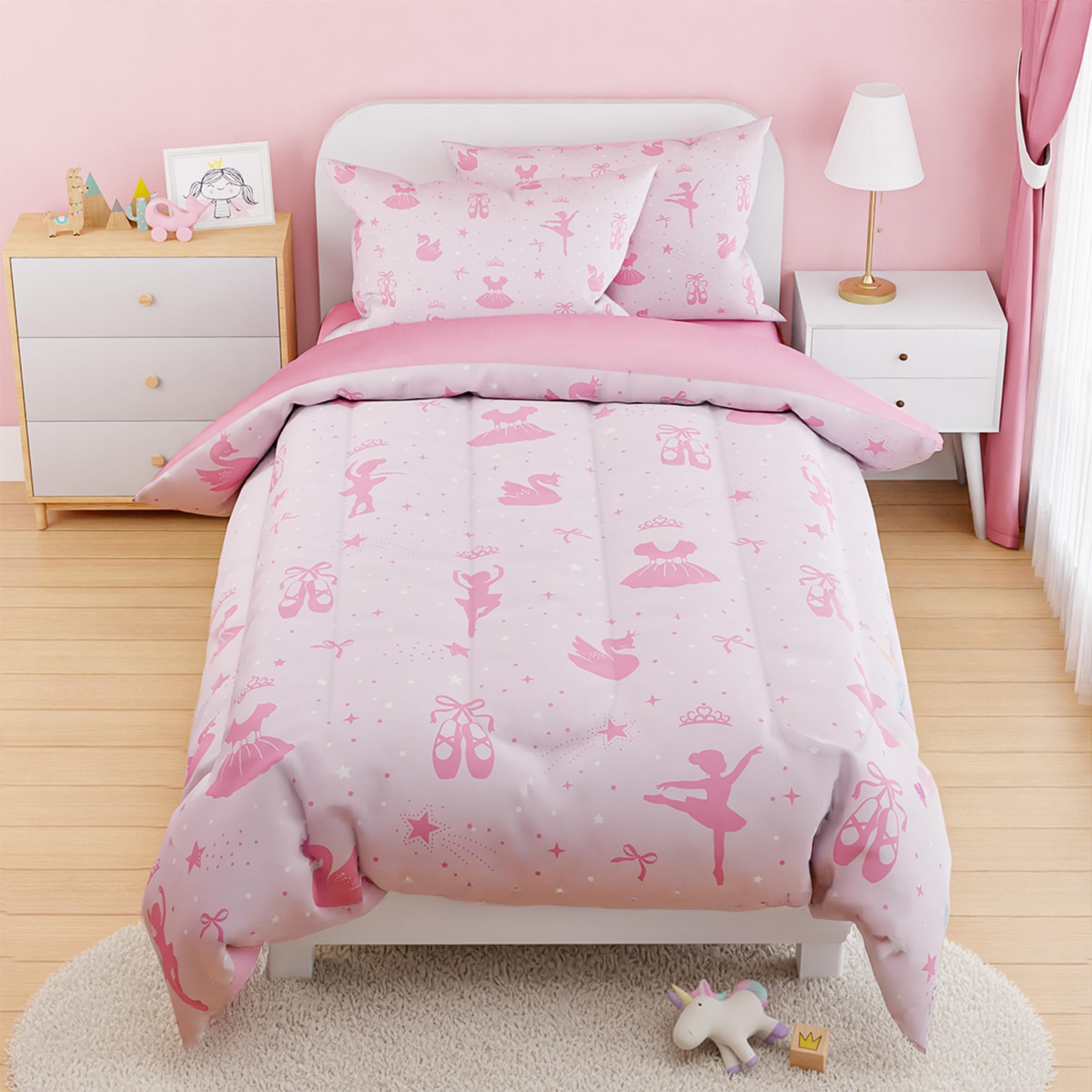 SANDJEST Ballerina Comforter Set Full Size 98x86in for Kids Girls, Microfiber 4 Pcs Bedding Set Includes 1 Comforter, 2 Pillowcases, 1 Fitted Sheet, Nursery Room Decor