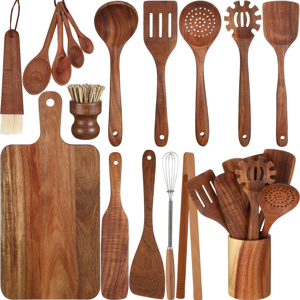 Briwooody 18 Pc Wooden Kitchen Utensils Set with Holder, Cutting Board, Spatulas, Spoons, Tong, Whisk & Accessories