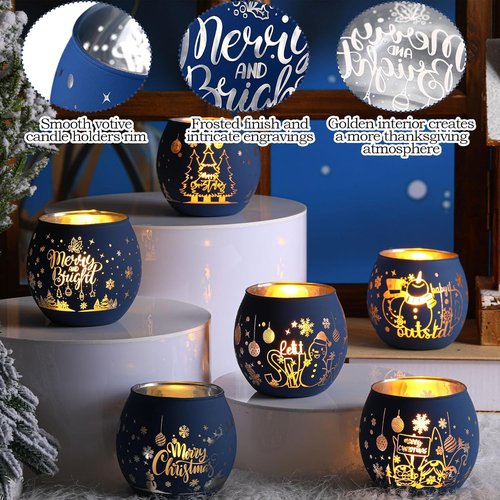 Jingmore Votive Candle Holders - 6-Piece Set with Laser Engraved Patterns for Party Decor | Navy