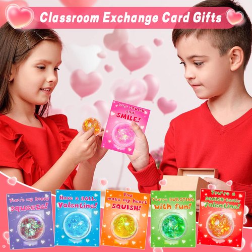 24 Pack Valentines Day Gifts for Kids Classroom Stress Balls with Valentines Cards for Kids School, Stress Relief Squeeze Toys Valentines for Class Party Favors for Boys Girls Classroom Exchange Gift