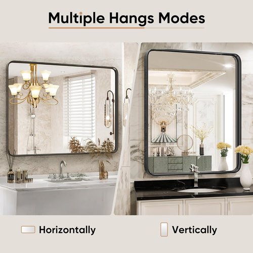 DUMOS Black Metal Framed Vanity Mirror - 36x24 Inch Rounded Rectangle Design for Modern Bathrooms | Versatile Hanging Options