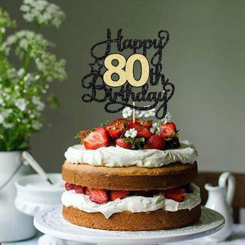 Happy 80th Birthday Cake Topper by [Brand Name] - Black Gold Glitter Design for 80th Anniversary Celebration