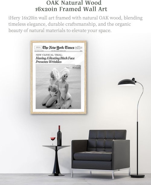 iHery Trendy Wall Art - Prevent Wrinkles with Framed Newspaper Design | Natural Oak Wood, Large 16x20in