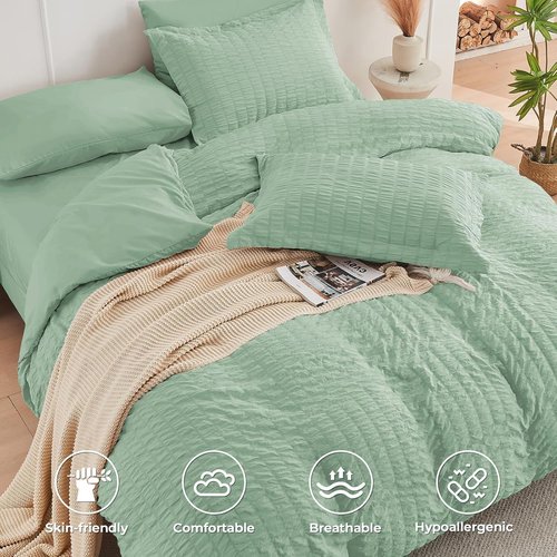 HYMOKEGE Queen Comforter Set - Luxury Sage Green Seersucker 7-Piece Bedding Set | All-Season Comfort