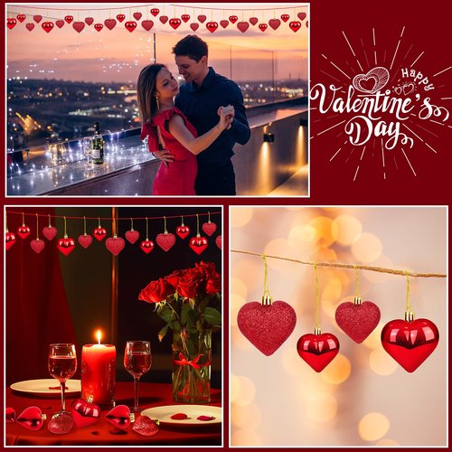 36Pcs Valentine's Day Heart Ornaments, 2 Size Heart Shaped Valentine Ornaments for Tree, Red Glitter Baubles, Anniversary Romantic Valentine's Day Tree Hanging Decorations