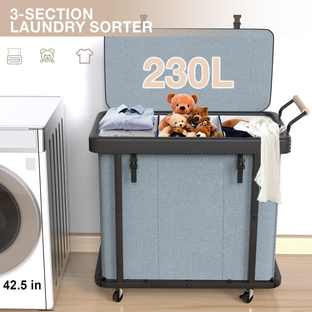 60 Gal (230L) Laundry Hamper 3 Section with Lid, Leather Patchwork Laundry Sorter with Rolling Lockable Wheels and Handle, Laundry Basket Organizer for Laundry Room, Bedroom and Bathroom - Gray