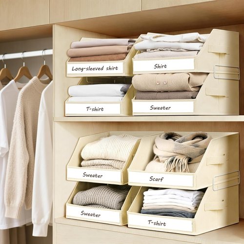 Homsorout Closet Organizers - 5-Tier Shelf Organizer with Labels & Stackable Bins | Beige Metal Frame