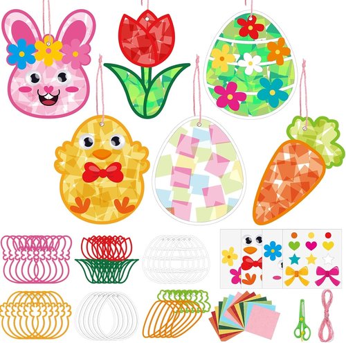 Feifeiya 24 Pack Easter Suncatcher Craft Kit - DIY Window Art with Bunny, Carrot & Egg Designs