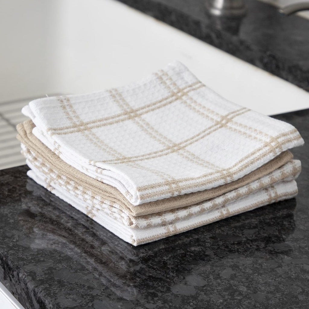 T-Fal Premium Waffle Dish Cloths - Highly Absorbent & Soft 100% Cotton Towels | 12"x13" - 4-Pack in Sand