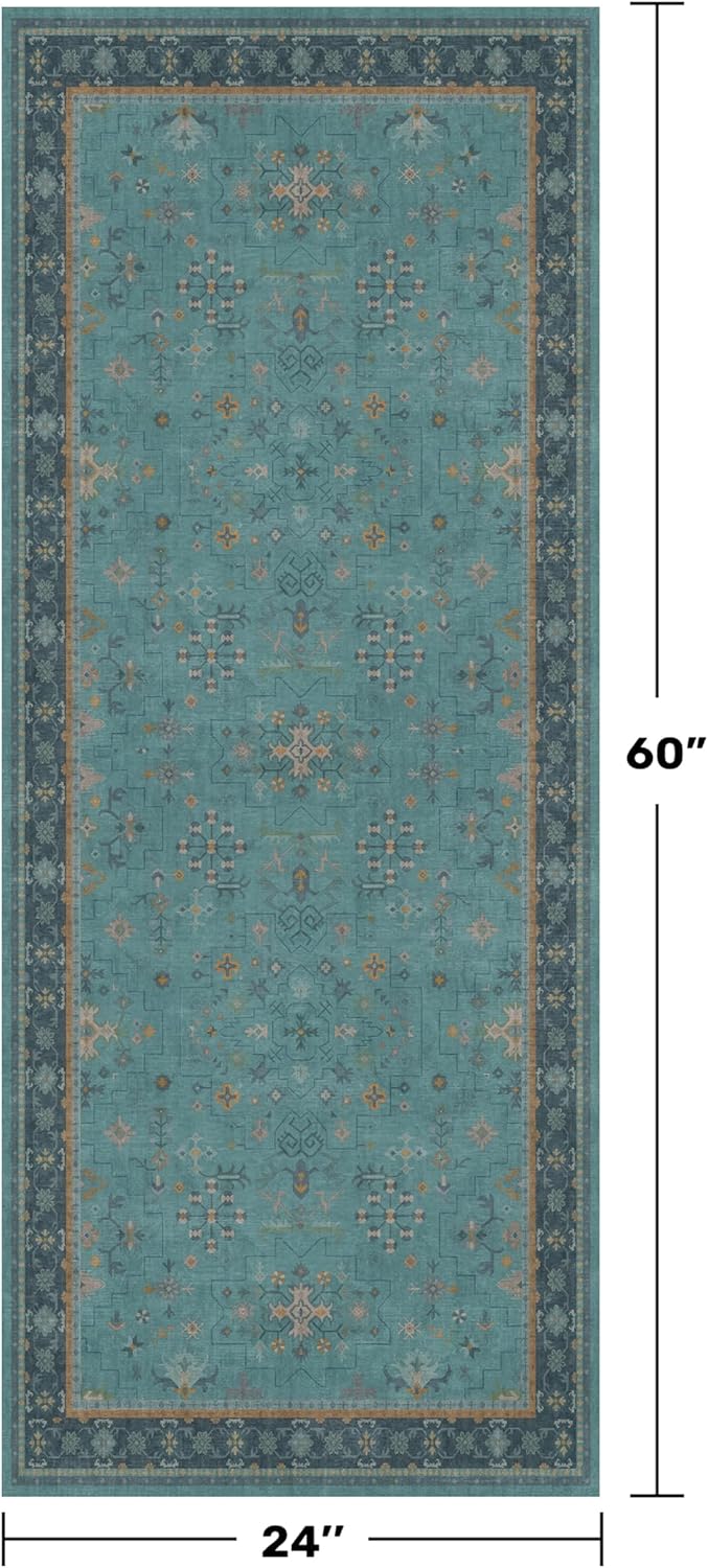 Teal Boho Kitchen Rug Runner - Washable Non-Slip Low Pile Carpet for Bathroom & Entryway | 2x5 Size
