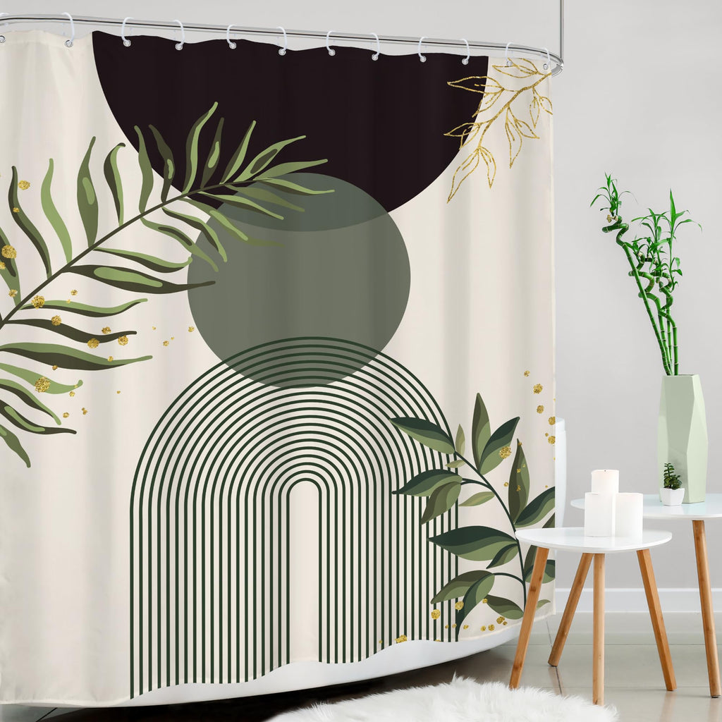 Mitpok Dark Green Boho Shower Curtain 60Wx72H Teal Green Modern Bohemian Mid Century Abstract Gold Leaves Plant Bathroom Decor Minimalist Geometric Neutral Bath Curtain Fabric Polyester 12 Pack Hooks