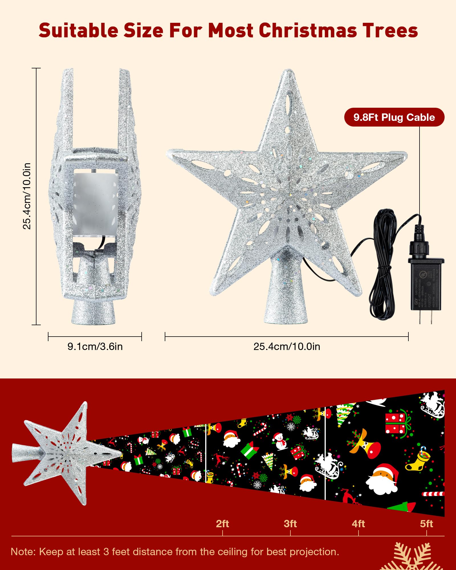 Christmas Tree Topper Lighted with 6 Patterns Projector, Christmas Star Tree Topper Built-in 3D Glitter LED Rotating Lights, Hollowed Christmas Tree Ornament for Xmas Party Holiday Decoration(Silver)