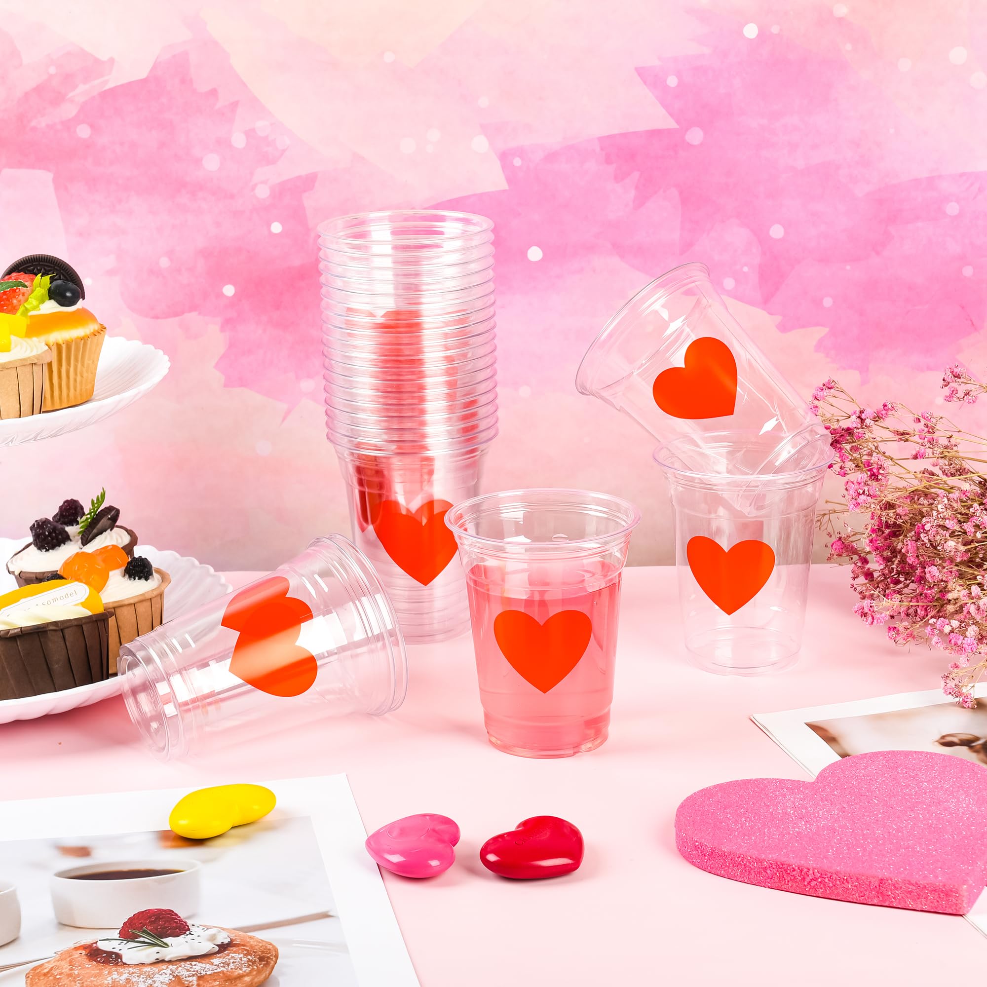 AimFun 50Pcs Valentine's Day Plastic Cups Red Heart Party Cups 12oz Clear Heart Disposable Drinking Cups for Valentines Wedding Galentine's Day Anniversary Party Supplies