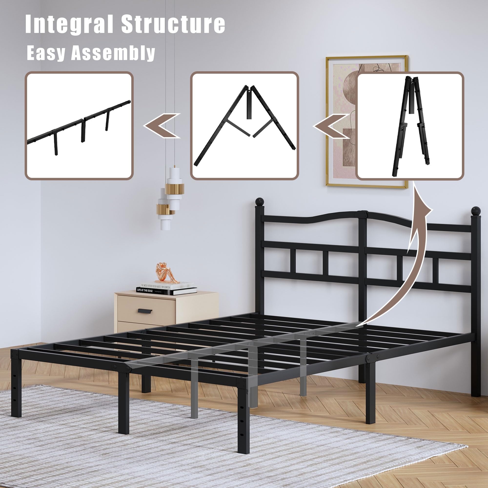 SHOANED 14 Inch Metal Bed Frame - Queen Size Heavy Duty Bedframe with Headboard Black Basic Steel Slats Platform No Box Spring Needed/Easy Assembly/Noise Free