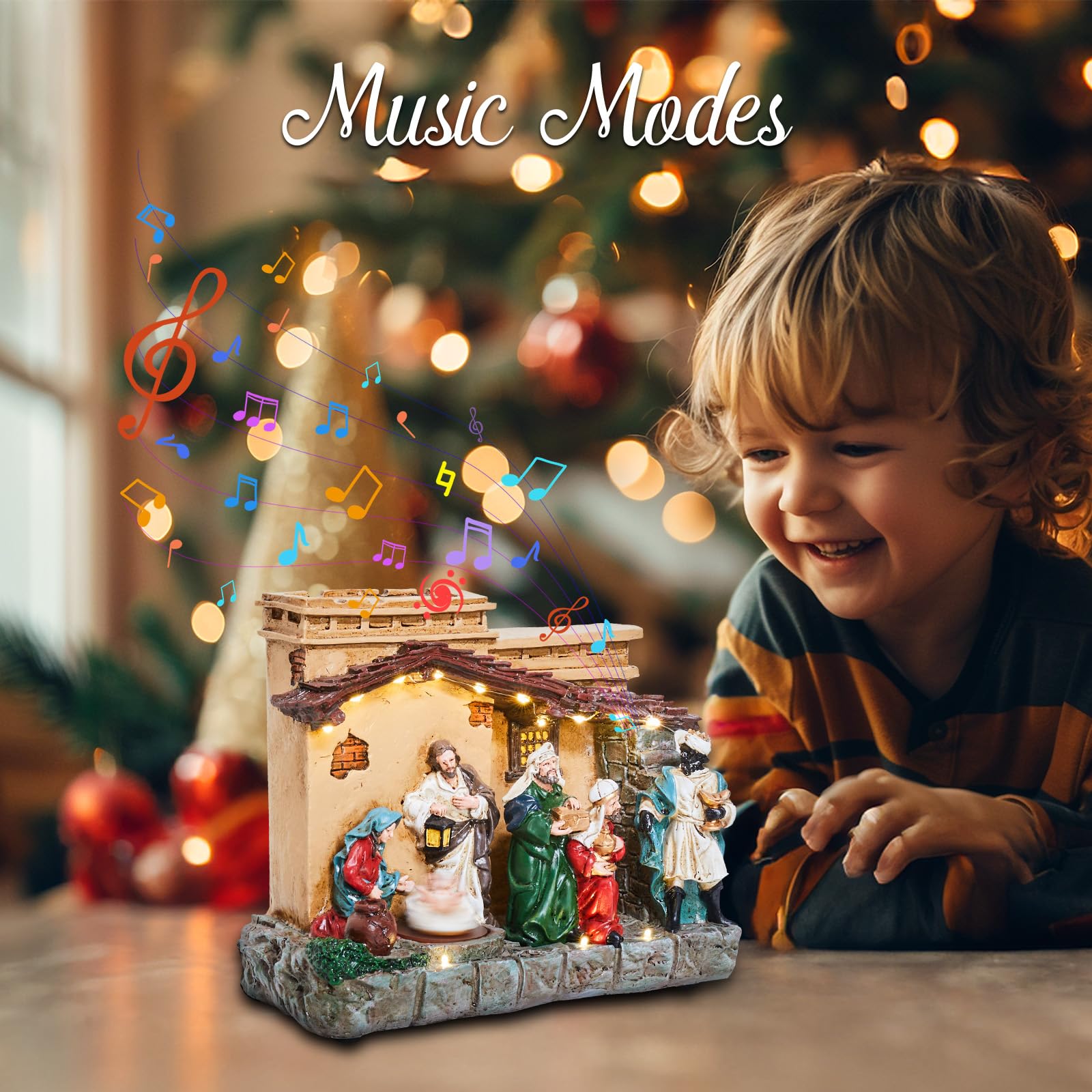 Lighted Christmas Nativity Set Indoor 9.3 Inch Village Resin Stable Manger Nativity Figurine with Music, Battery Operated Light up Tabletop Decorations for Interior Holiday Displays Ornament Gift