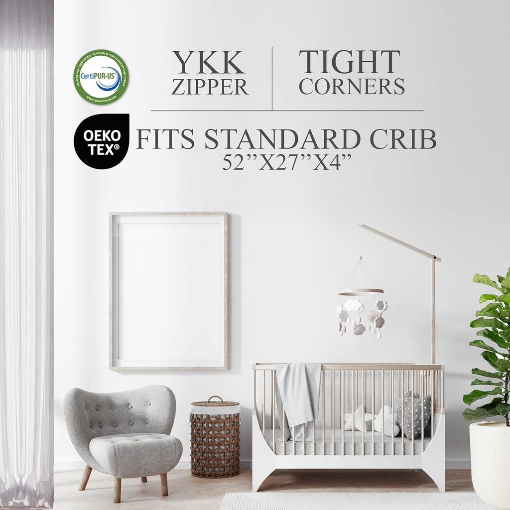 Organic Cotton 2-Sided Crib Mattress - Waterproof Washable Protector & Ventilated Foam | 52x27.5x4”