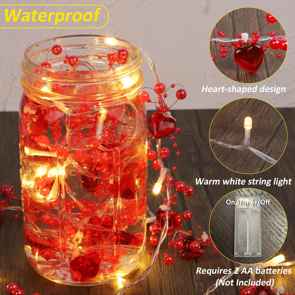 Ridota Valentine Decorations 10 FT Fairy String Lights, 30 LEDs Red Berry Beaded Heart Shaped String Lights, Battery Operated Valentine Lights for Mother's and Father's Day, Wedding, Proposal (2)