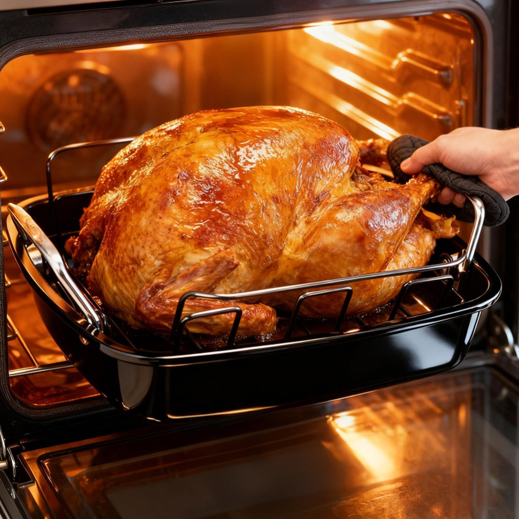Large Nonstick Roasting Pan with Rack (17x13 Inch) -Turkey Roasting Pan with Wider Handles, Heavy Duty Construction Roaster - Easy Clean for Oven