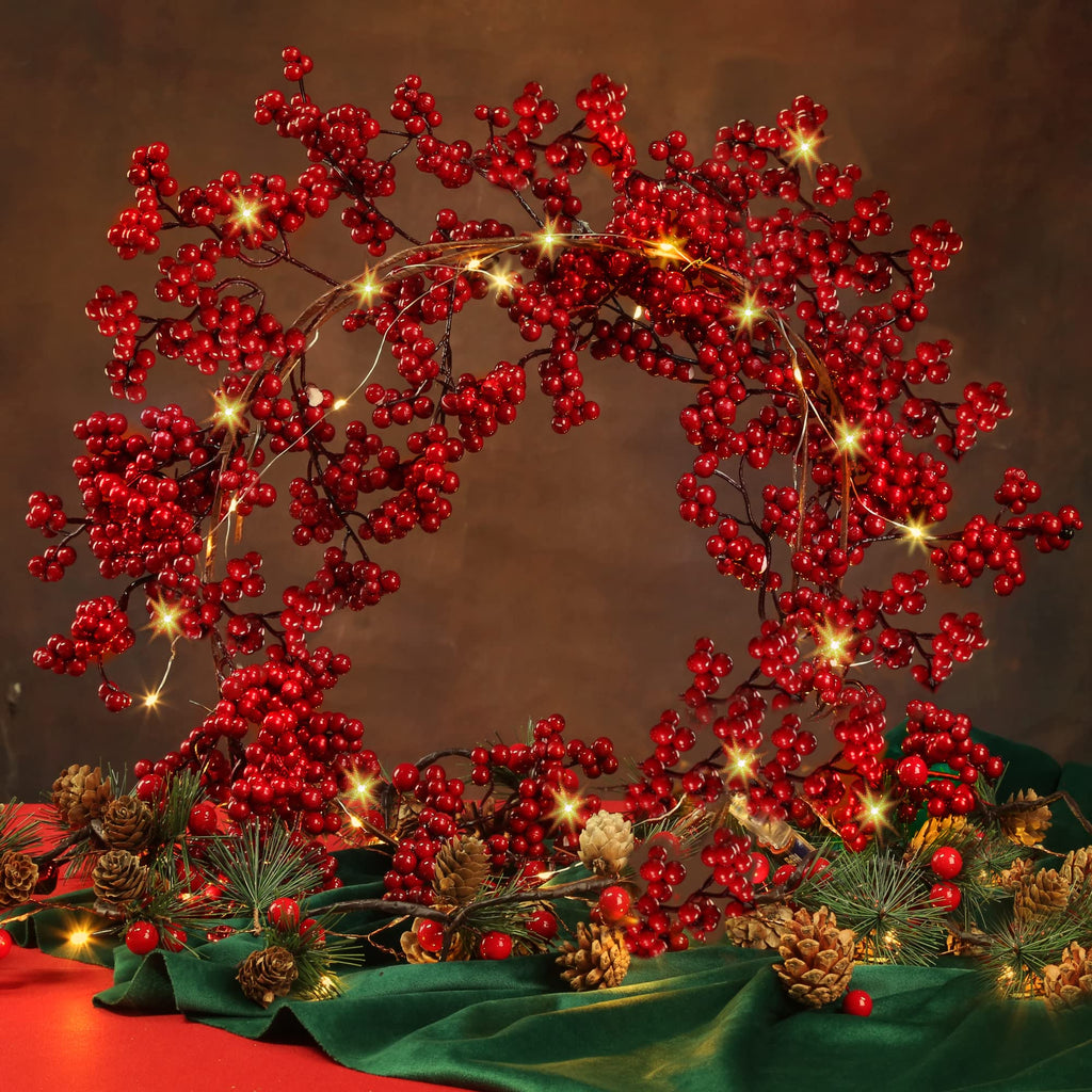 Sggvecsy Red Berry Garland Lighted Burgundy Berry Christmas Garland Artificial 6Ft for Christmas Winter Holiday Fireplace Mantel Table New Year Indoor Outdoor Decoration