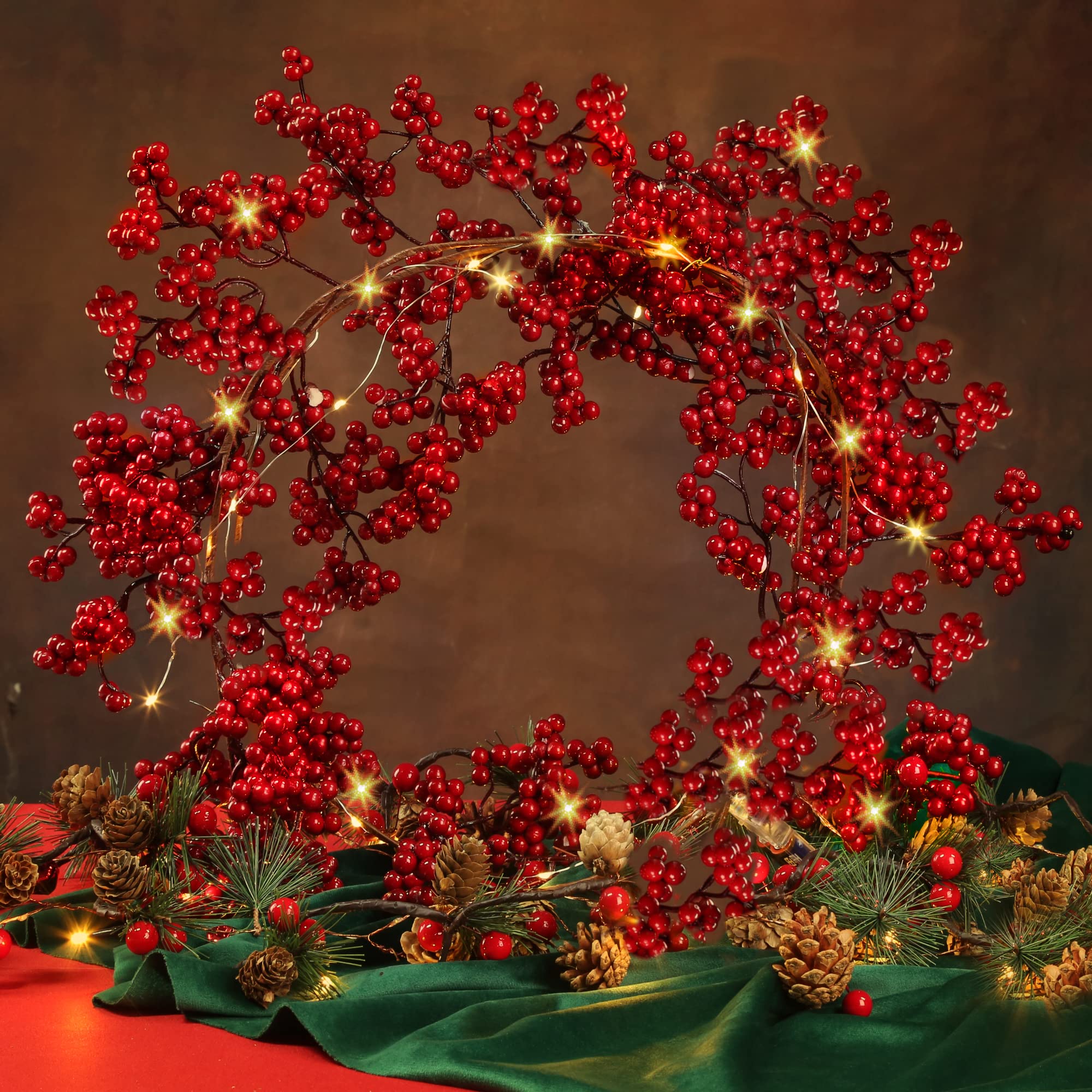 Sggvecsy Red Berry Garland Lighted Burgundy Berry Christmas Garland Artificial 6Ft for Christmas Winter Holiday Fireplace Mantel Table New Year Indoor Outdoor Decoration