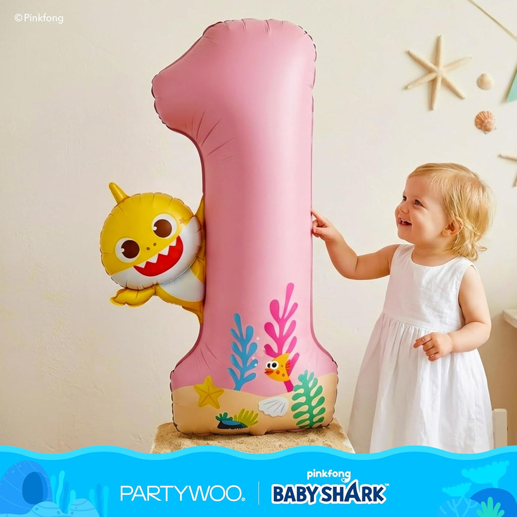 PartyWoo Baby Shark Pink Foil Number 1 Balloon - 40 Inch Mylar Helium Birthday Decoration for Kids