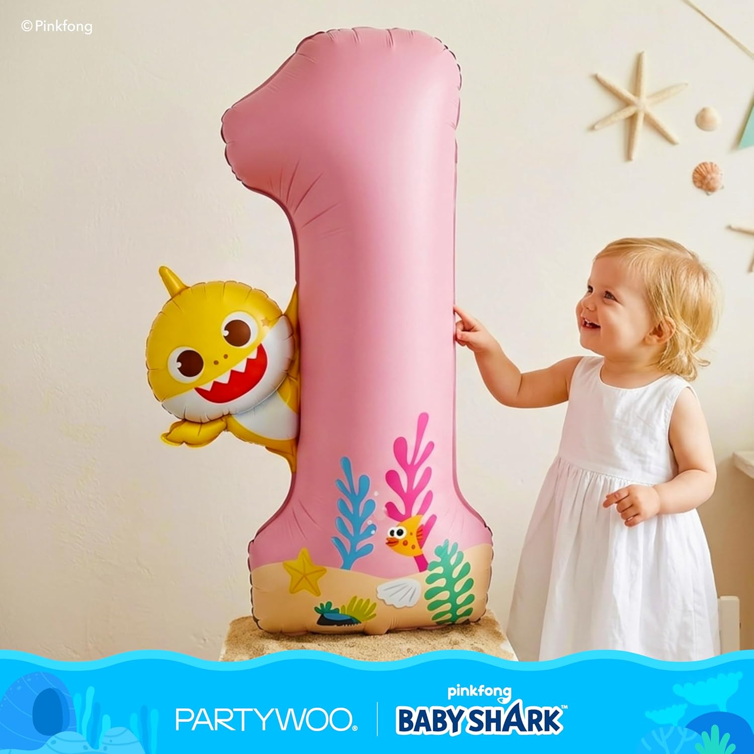 PartyWoo Baby Shark Pink Foil Number 1 Balloon - 40 Inch Mylar Helium Birthday Decoration for Kids