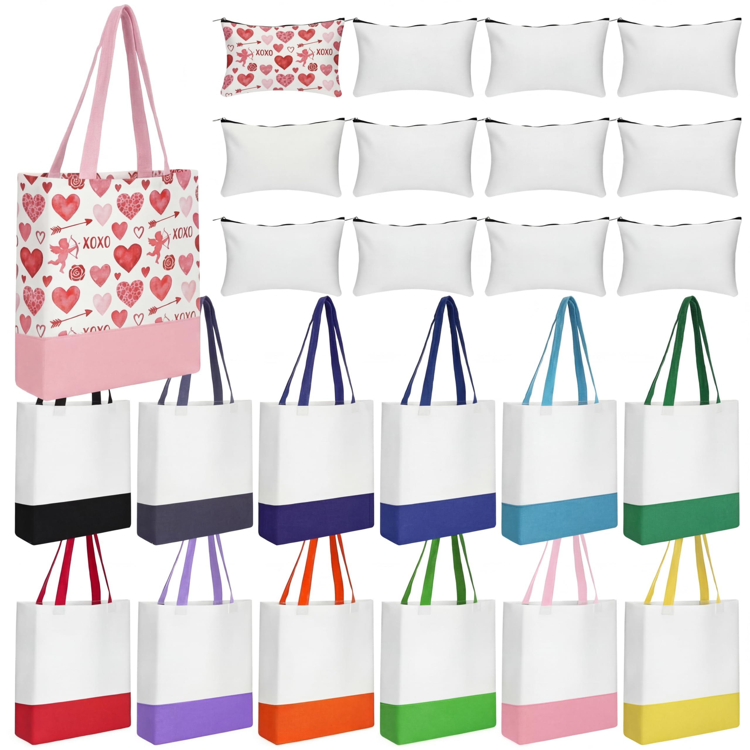 Moukeren 24 Pcs Canvas Tote Bag Bulk with Makeup Bag 13 x 15 Inches Medium 10 oz Lightweight Reusable Grocery Shopping Tote for DIY Sublimation Blank Galentine Valentine's Day Craft Gift Market(Patch)