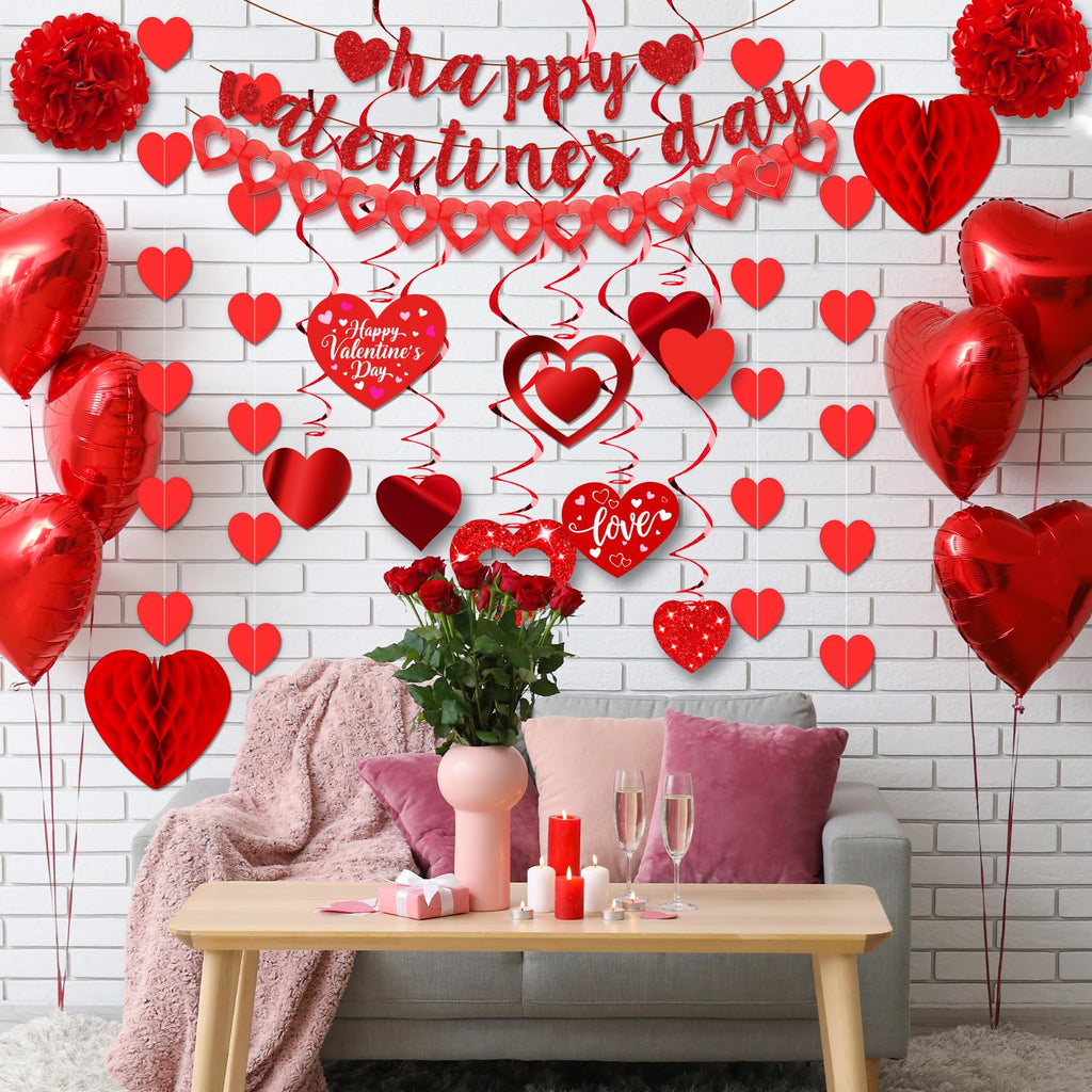 26Pcs Valentines Day Decorations Hanging Swirls Valentines Day Decorations Happy Valentine's Day Love Heart Garlands Banner Paper Honeycomb for Home Classroom Office Wedding Party Anniversary